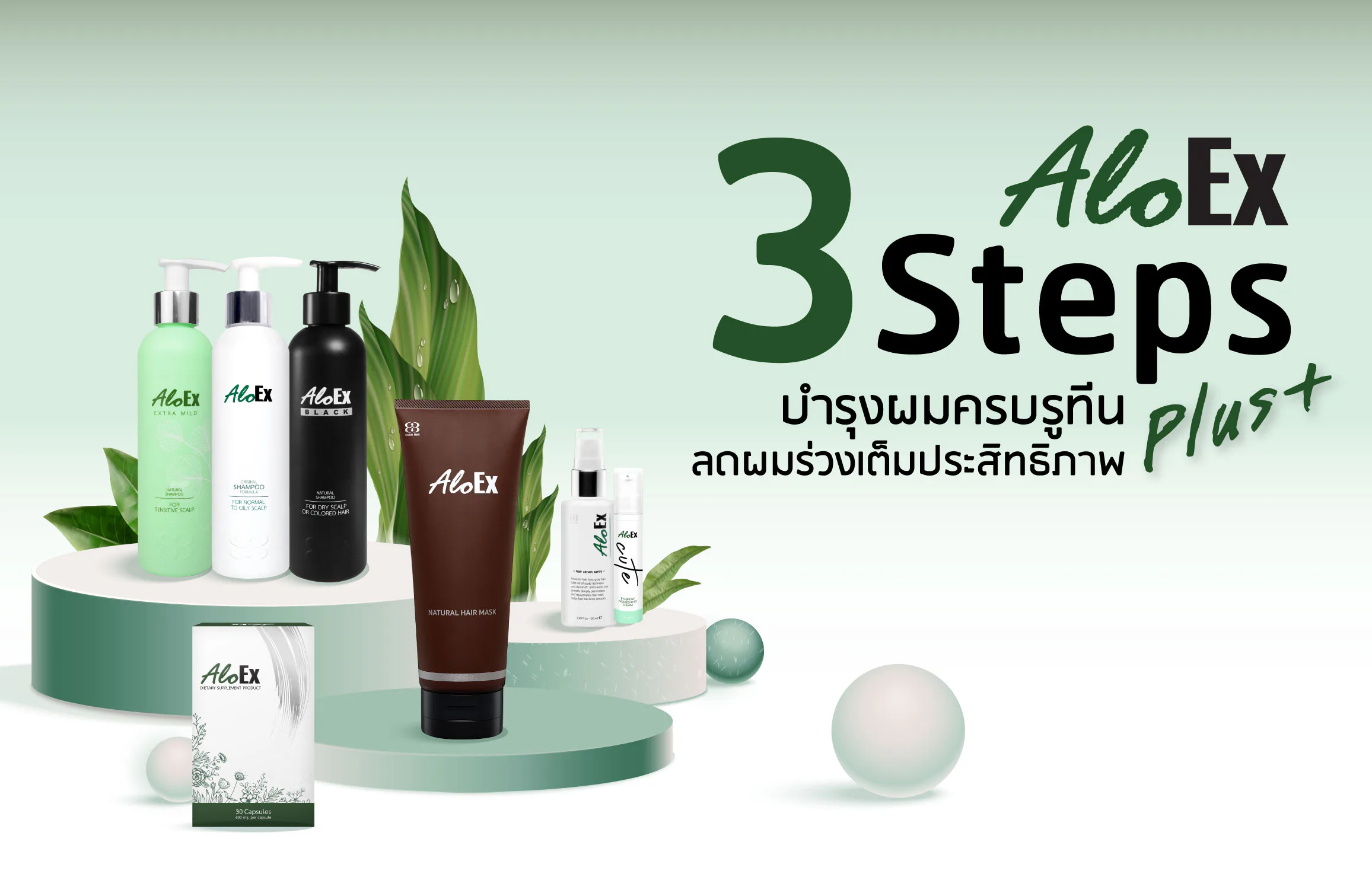 AloEx 3 Steps Plus+ — ဆံပင်ကျွတ်မှုကို လျှော့ချရန် ပြည့်စုံသော ဆံပင်ပြုစုစောင့်ရှောက်မှု အစီအစဉ်