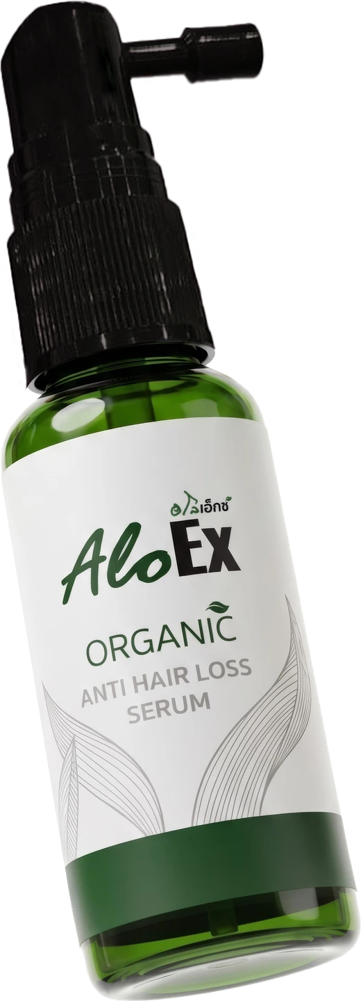 A bottle of AloEx Organic Anti Hair Loss Serum surrounded by herbs