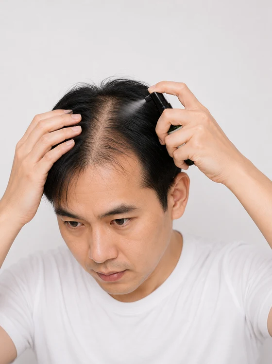 A man applying AloEx serum to the thinning hair at his crown