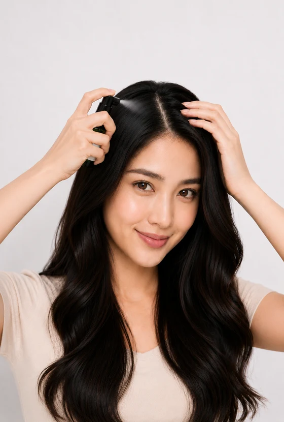 A woman massaging AloEx serum into her scalp